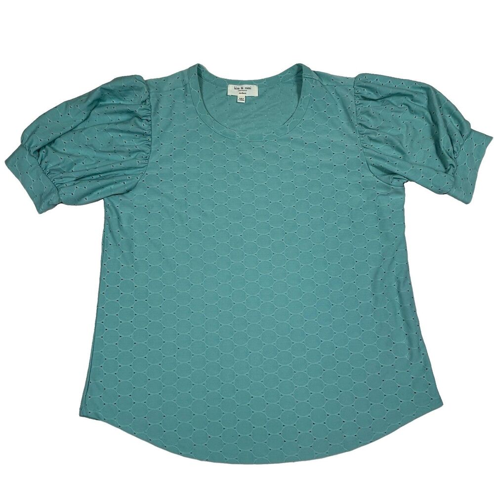 Kim &Cami Blouse Top Teal Green Puff Sleeve Medium Textured Office Cottagecore